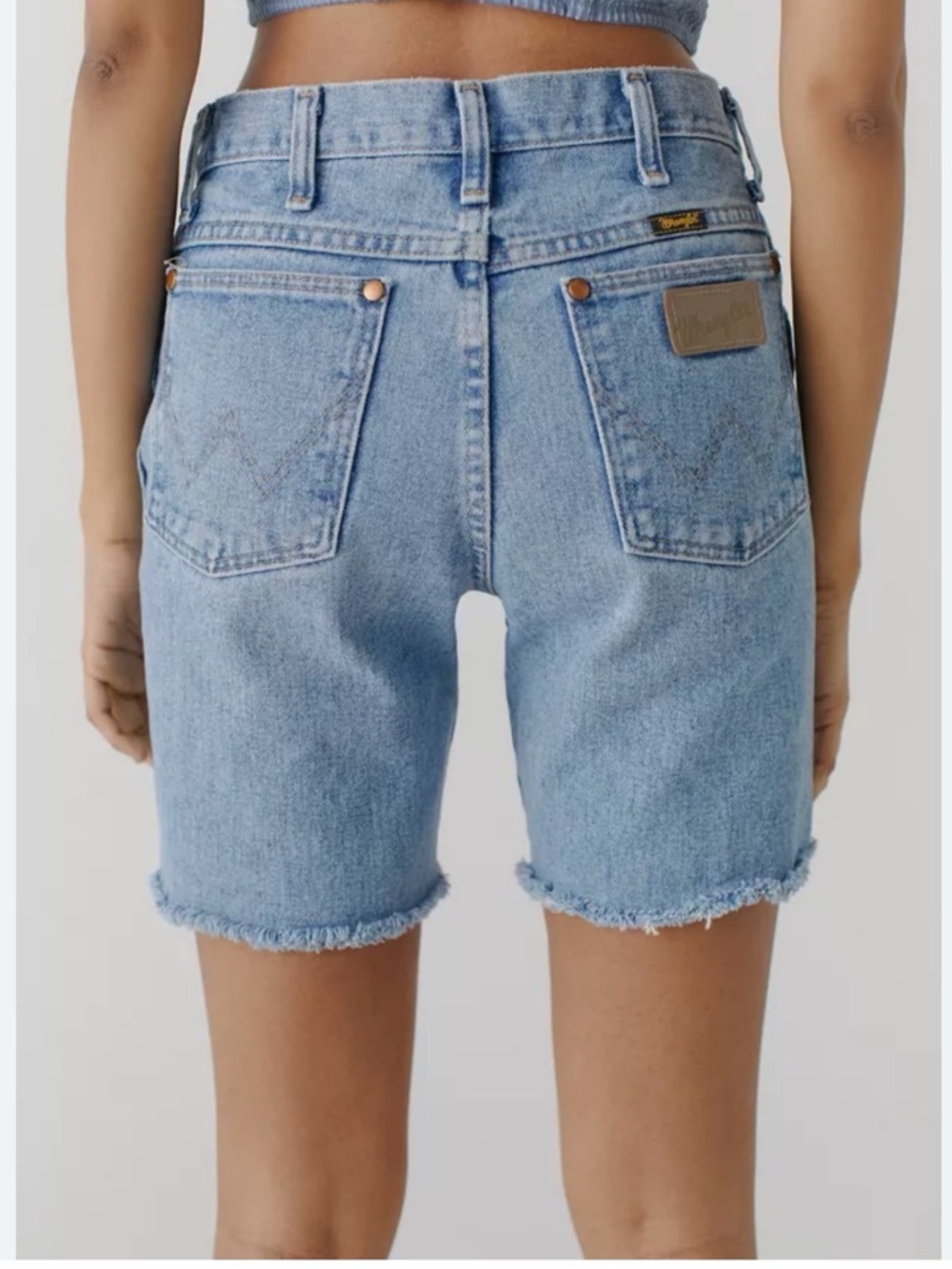 Wrangler Light Blue High-Rise Jean Shorts with Frayed Hem